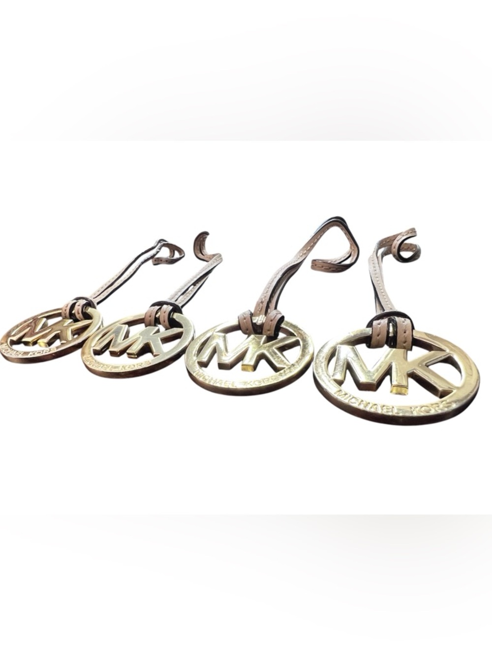 Michael Kors - Gold MK Logo Bag Charms with Beige Leather Straps, Purchase for 1 - Picture 2 of 3